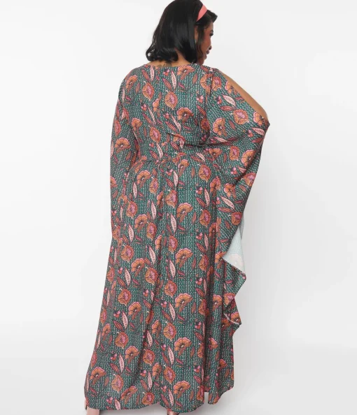 Unique Vintage Bali Floral Print Flutter Sleeve Caftan