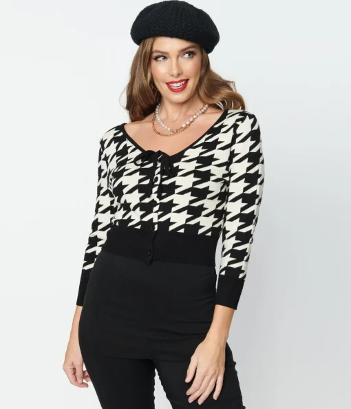 Unique Vintage Black & Ivory Houndstooth Dandy Cardigan