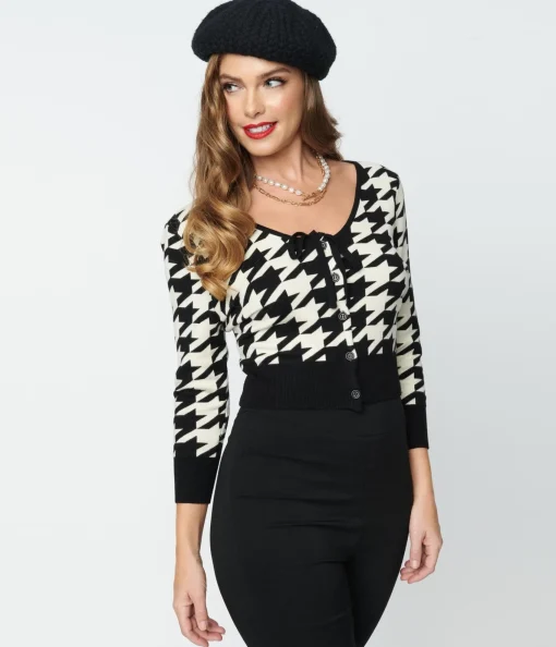 Unique Vintage Black & Ivory Houndstooth Dandy Cardigan