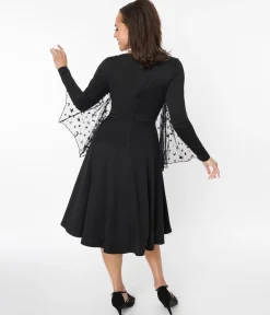 Unique Vintage Black & Mesh Bat Swing Dress