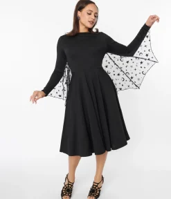 Unique Vintage Black & Mesh Bat Swing Dress