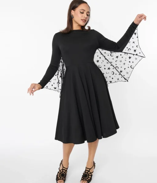 Unique Vintage Black & Mesh Bat Swing Dress