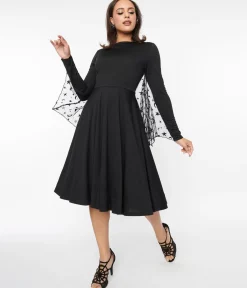 Unique Vintage Black & Mesh Bat Swing Dress