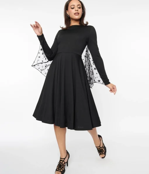 Unique Vintage Black & Mesh Bat Swing Dress