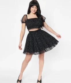 Unique Vintage Black & Multicolor Dots Sweetie Pie Flare Skirt