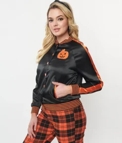 Unique Vintage Black & Orange Scream Queen Satin Bomber Jacket