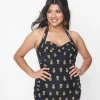 Unique Vintage Black & Pineapple Print Corinne Sheath Swimsuit