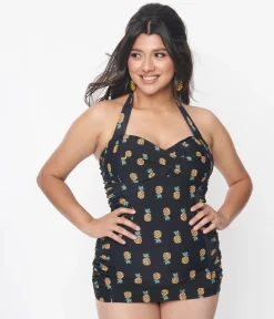 Unique Vintage Black & Pineapple Print Corinne Sheath Swimsuit