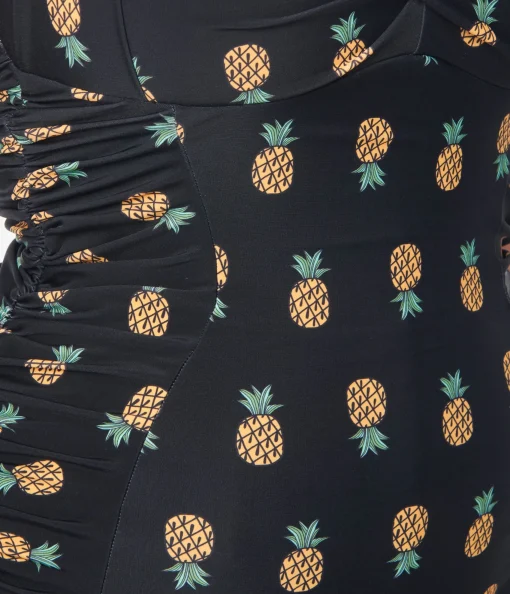 Unique Vintage Black & Pineapple Print Corinne Sheath Swimsuit