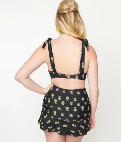 Unique Vintage Black & Pineapple Print Totally Tied Up Swim Top
