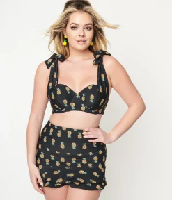 Unique Vintage Black & Pineapple Print Totally Tied Up Swim Top