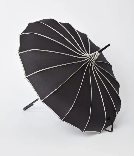 Unique Vintage Black & Polka Dot Tan Princess Pagoda Umbrella