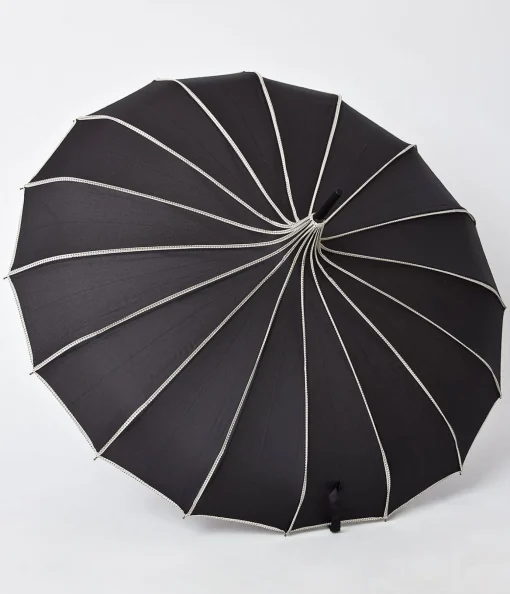 Unique Vintage Black & Polka Dot Tan Princess Pagoda Umbrella