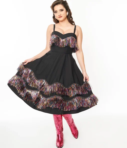 Unique Vintage Black & Rainbow Fringe Girlie Swing Dress