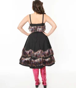 Unique Vintage Black & Rainbow Fringe Girlie Swing Dress