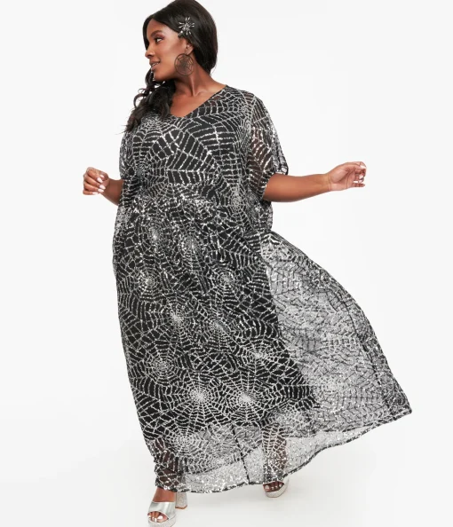 Unique Vintage Black & Silver Sequin Spider Web Burton Caftan Dress