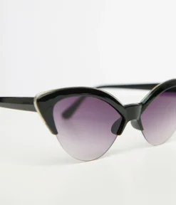 Unique Vintage Black & Silver Half Rim Cat Eye Sunglasses