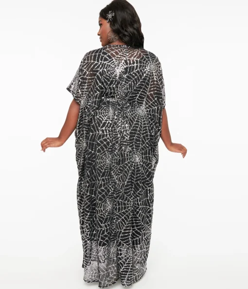 Unique Vintage Black & Silver Sequin Spider Web Burton Caftan Dress