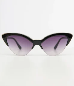 Unique Vintage Black & Silver Half Rim Cat Eye Sunglasses