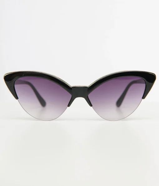 Unique Vintage Black & Silver Half Rim Cat Eye Sunglasses