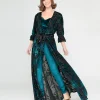 Unique Vintage Black & Teal Floral Velvet Burnout Duster