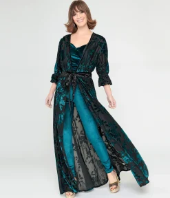 Unique Vintage Black & Teal Floral Velvet Burnout Duster