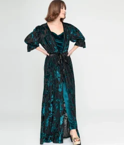 Unique Vintage Black & Teal Floral Velvet Burnout Duster