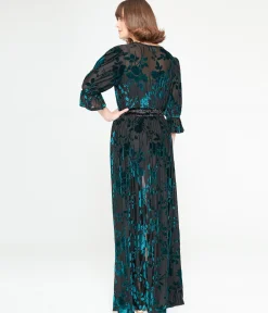 Unique Vintage Black & Teal Floral Velvet Burnout Duster