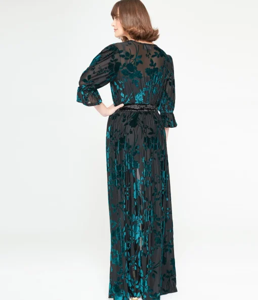 Unique Vintage Black & Teal Floral Velvet Burnout Duster