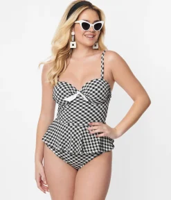 Unique Vintage Black & White Gingham Daphne Swim Bottoms