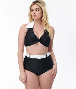 Unique Vintage Black & White Belted Swim Bottoms