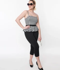 Unique Vintage Black & White Houndstooth Peplum Jumpsuit