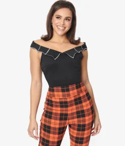 Unique Vintage Black & White Web Off the Shoulder Top