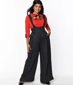 Unique Vintage Black & White Pin Dot Rochelle Suspender Pants