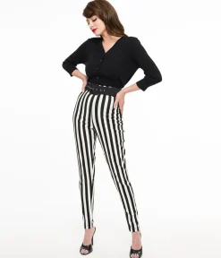 Unique Vintage Black & White Stripe Belted Rizzo Cigarette Pants