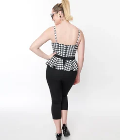 Unique Vintage Black & White Houndstooth Peplum Jumpsuit