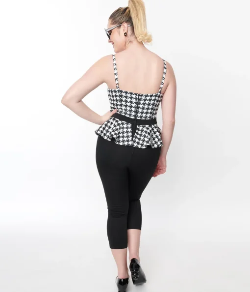 Unique Vintage Black & White Houndstooth Peplum Jumpsuit