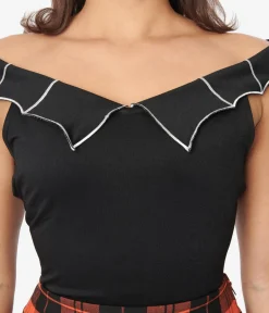 Unique Vintage Black & White Web Off the Shoulder Top