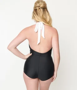 Unique Vintage Black & White Contrast Romper Swimsuit