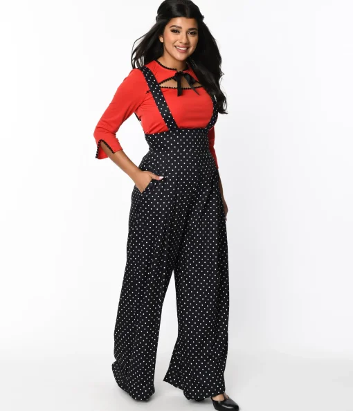 Unique Vintage Black & White Pin Dot Rochelle Suspender Pants