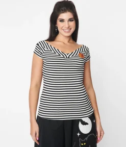 Unique Vintage Black & White Stripe Pumpkin Brooch Deena Top
