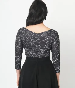 Unique Vintage Black & White Spiderweb Scarlett Top