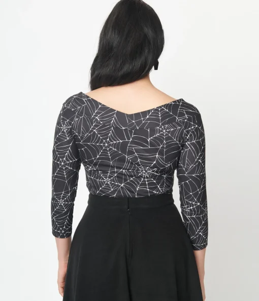 Unique Vintage Black & White Spiderweb Scarlett Top