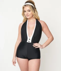 Unique Vintage Black & White Contrast Romper Swimsuit