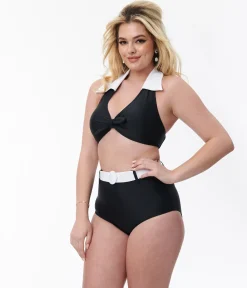 Unique Vintage Black & White Belted Swim Bottoms
