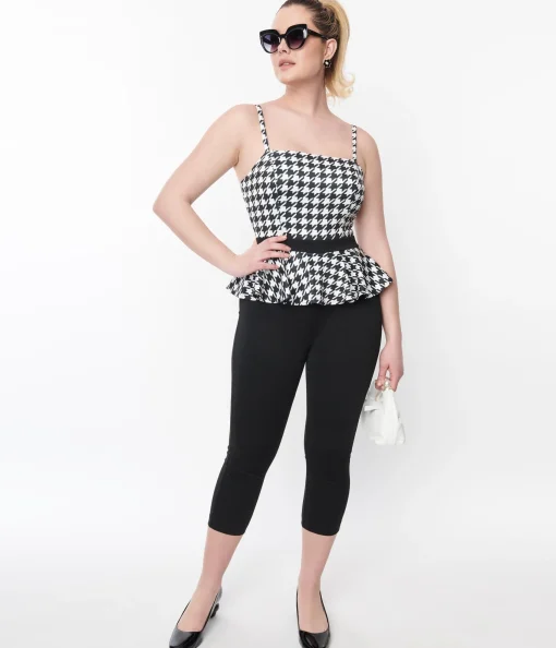 Unique Vintage Black & White Houndstooth Peplum Jumpsuit