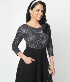 Unique Vintage Black & White Spiderweb Scarlett Top