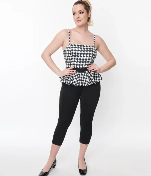 Unique Vintage Black & White Houndstooth Peplum Jumpsuit