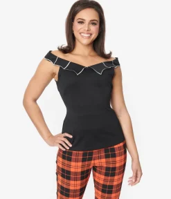 Unique Vintage Black & White Web Off the Shoulder Top