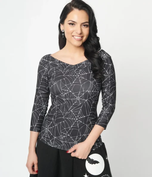 Unique Vintage Black & White Spiderweb Scarlett Top